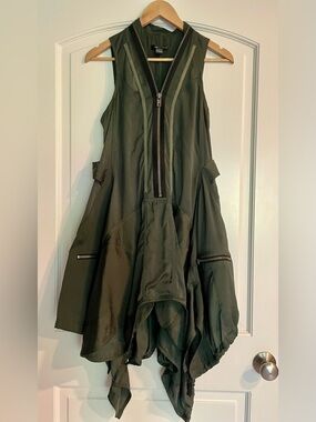 Caribbean Queen Olive Green Asymmetric Avant Garde Zip Dress